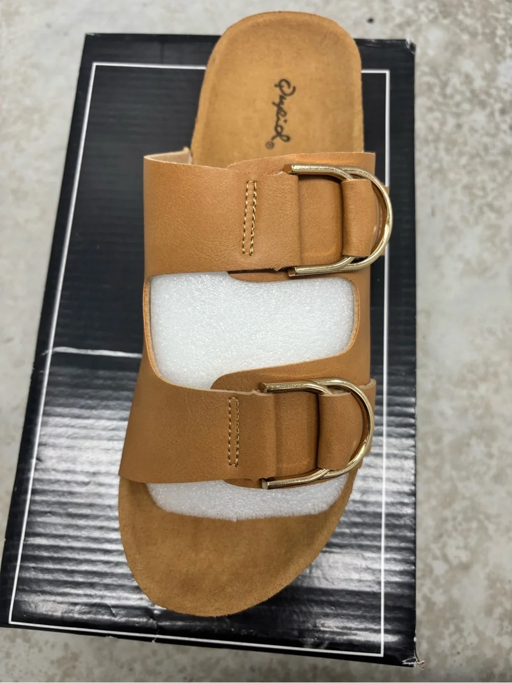 Qupid Tan Double-Strap Slide Sandal with Gold Buckles